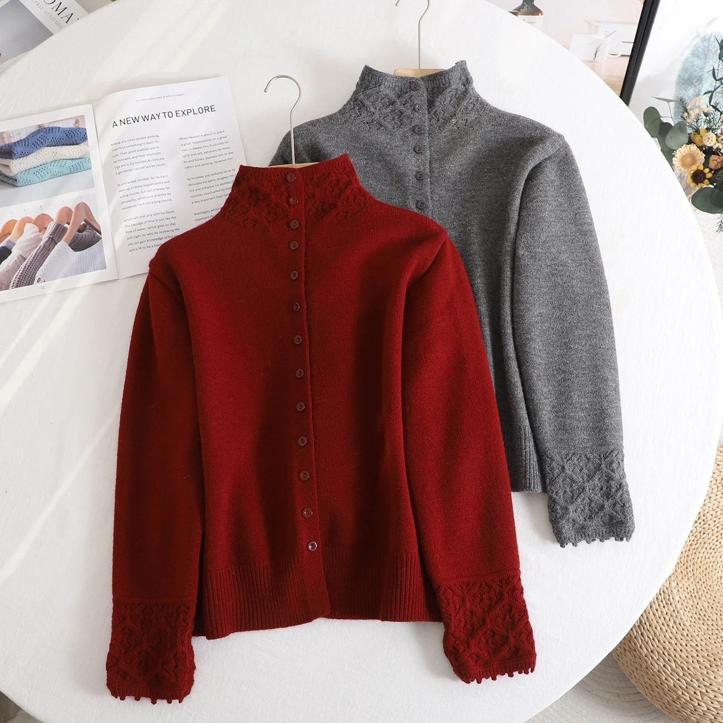 

Vintage Christmas Red Crochet Knit Cardigan For Women Gray Long-sleeve Pullover Sweater Trendy Versatile Winter Office Commute