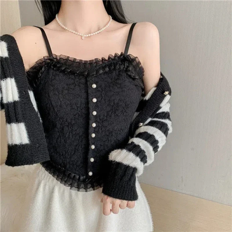 2024 Summer New Korean Sexy Sleeveless Lace Short Top Vest Retro Corset Casual Lace Vest