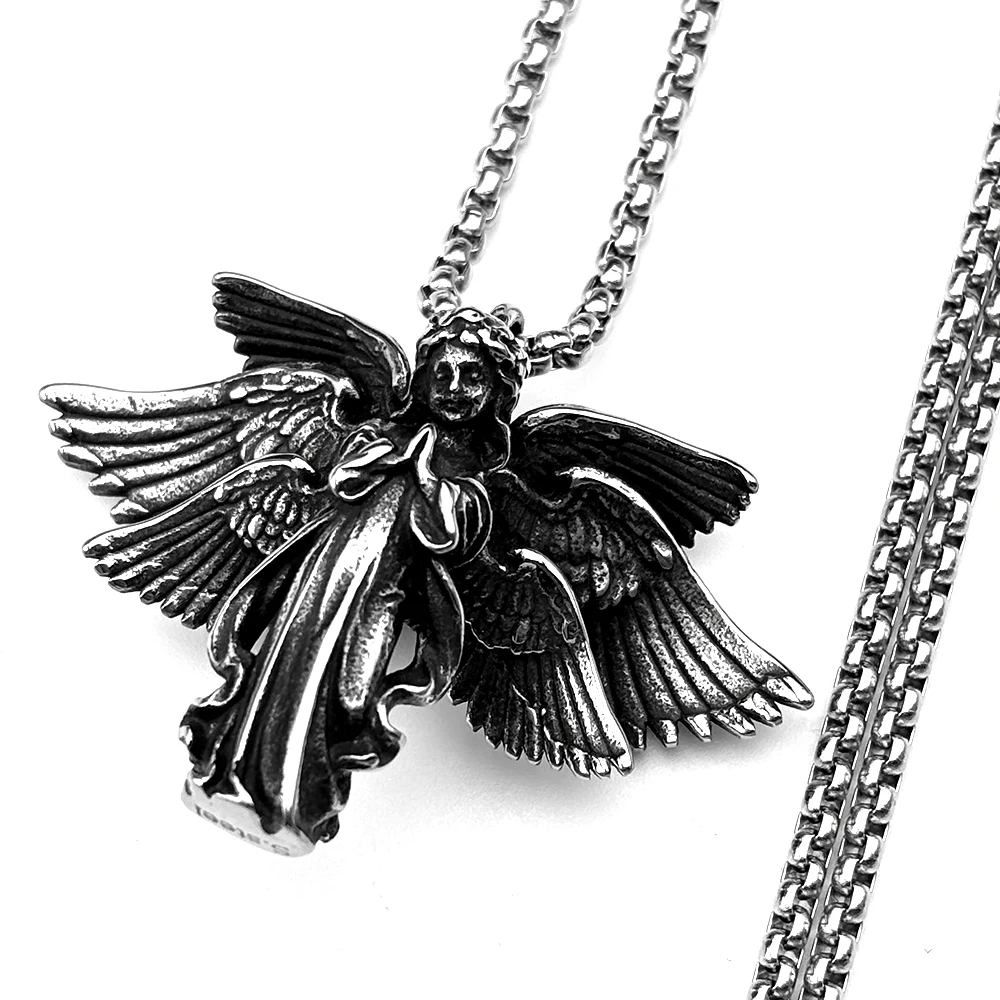 Christian Seraphim Angel Wing Pendant Necklaces for Women Men Stainless Steel Silver Color Vintage Seraph Amulet Chain Jewelry