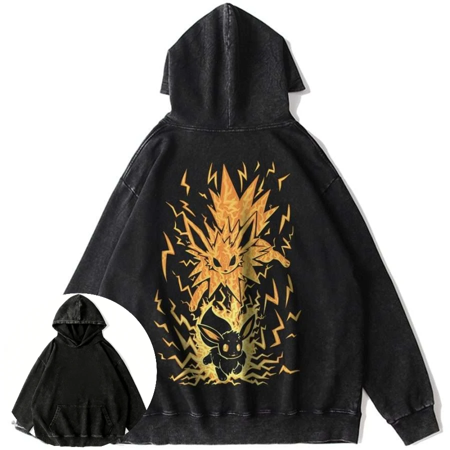 سترة بغطاء رأس قطنية عتيقة للجنسين باللون الأسود تتميز بطباعة الرسوم المتحركة Pokemon Eevee وJolteon كاجوال بأكمام طويلة #1