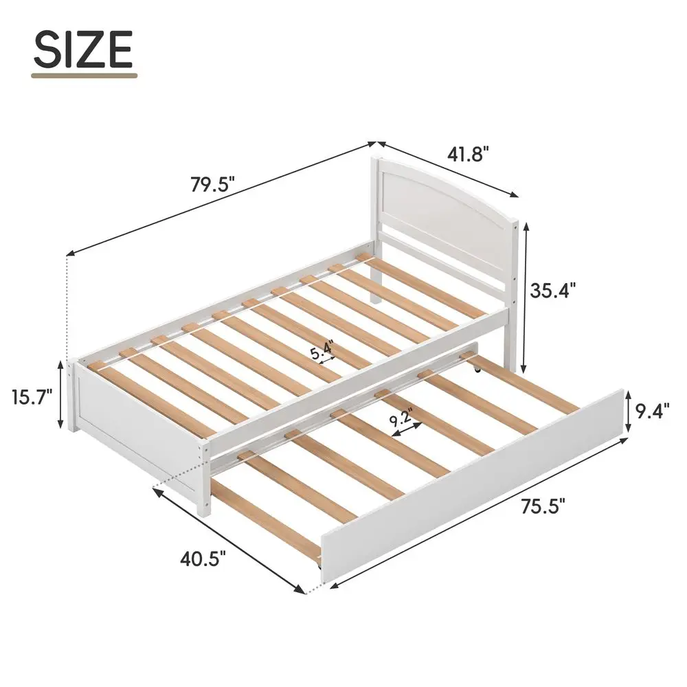 Trundle Bed, Solid Wooden Pull Out Bedframe, Extendable Day Bed with Headboard and Soild Wood Slats Support, Bedroom, Living Ro