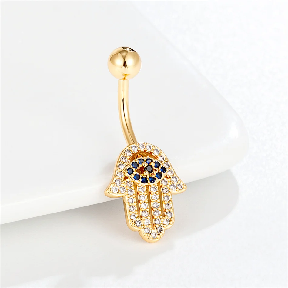 Bohemia Hamsa Hand With Eye Navel Ring 14G 10mm Surgical Steel Barbell Belly Button Ring Piercing Ombligo Turkish Lucky Jewelry