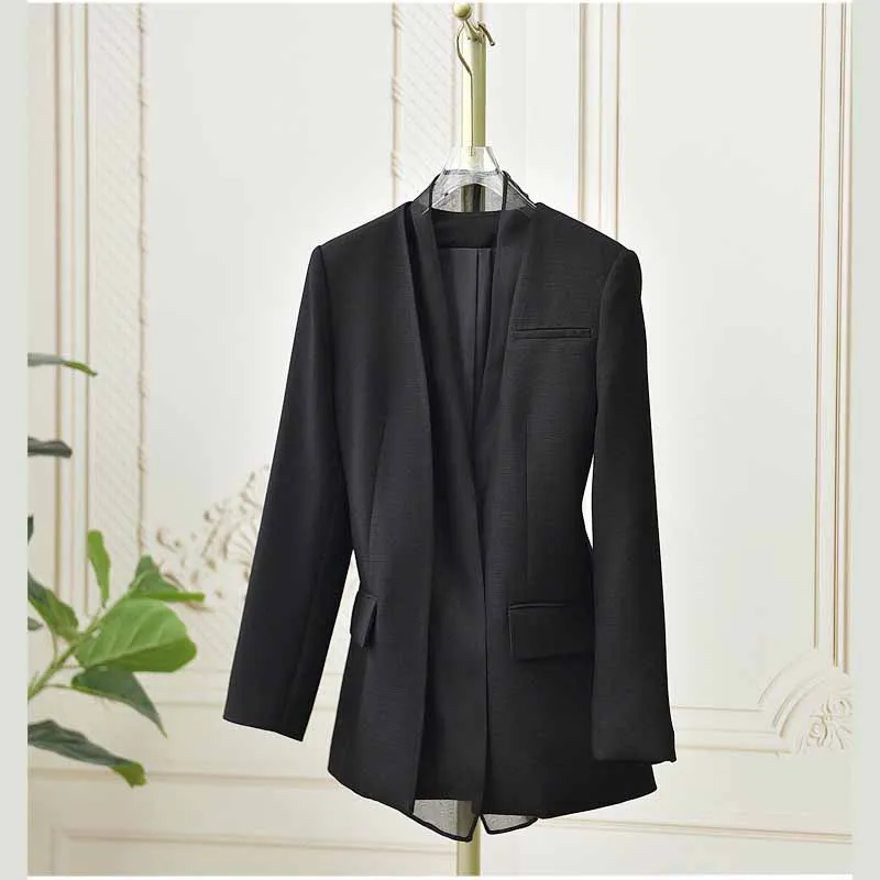 

Women's Suit Jacket Black Acetic Acid Splicing Silk Organza Slim Fit Long Sleeved Buttonless Autumn New Women's Clothing