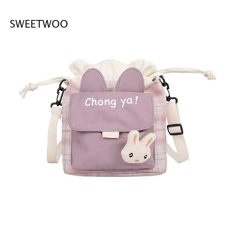 Niedliche Kaninchen-Bucket-Bag für Damen, karierte Umhängetasche mit Kordelzug, lässige Mini-Crossbody-Tasche für Damen