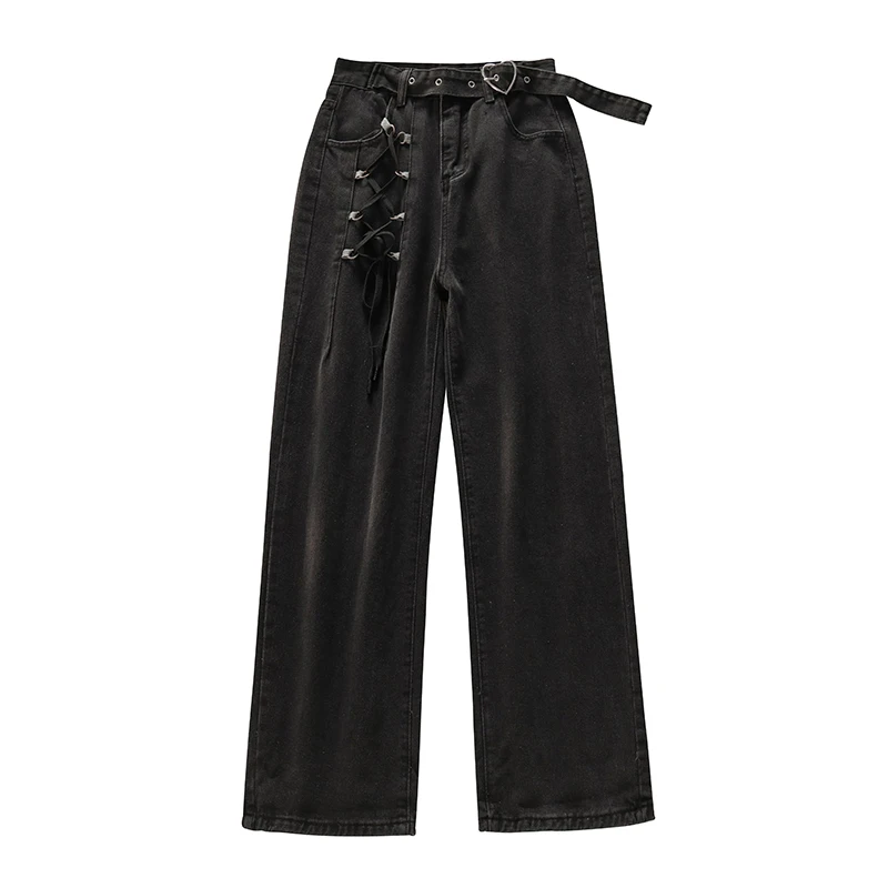 

Design sense lace-up jeans women's high street retro niche personalized design black straight pants wide leg pants trend