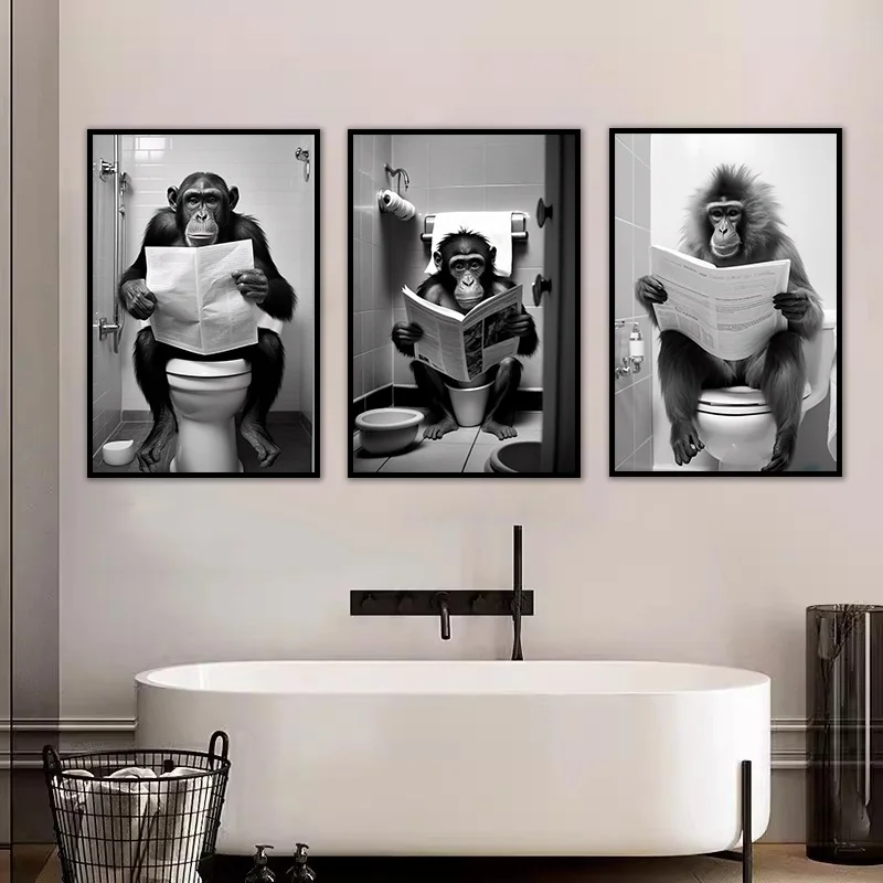 Funny Monkey Highland Cow Sitting on The Toilet Reading A Newspaper Poster Animal Canvas Painting And Print Bathroom Wall Decor