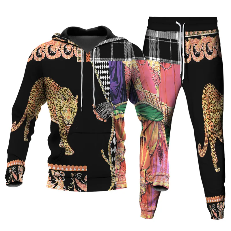 

Animal Zebra Snake Leopard Florial Pattern Print Tracksuit Men Vintage Style Clothes Hoodie Sweatpants 2Pcs Set Large Size S-6XL