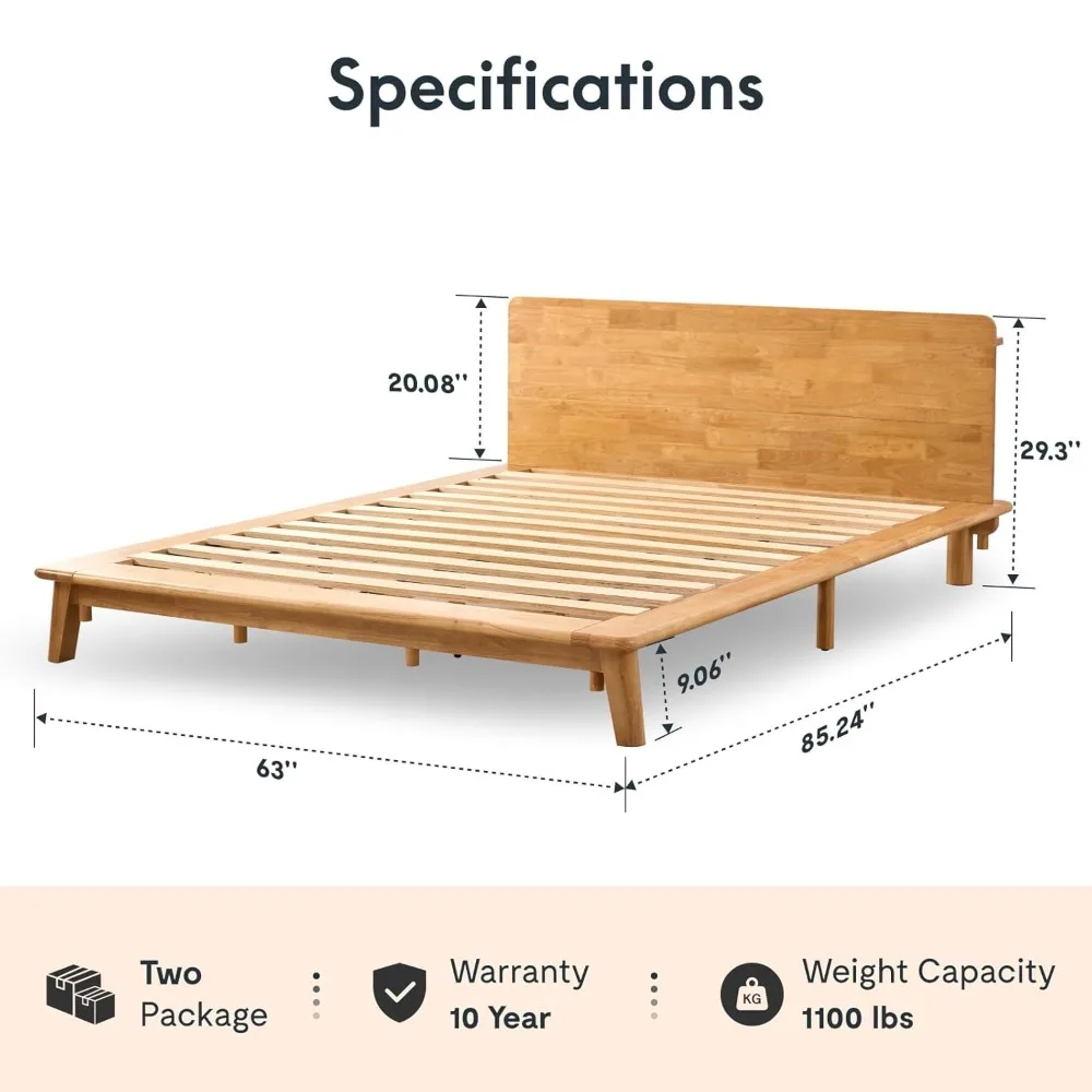 Solid Wood Platform Bed Frame Queen, Rubberwood,Tool-Free Fast Assembly, Low Profile Floating,Storage Shelf&Charging, Customized