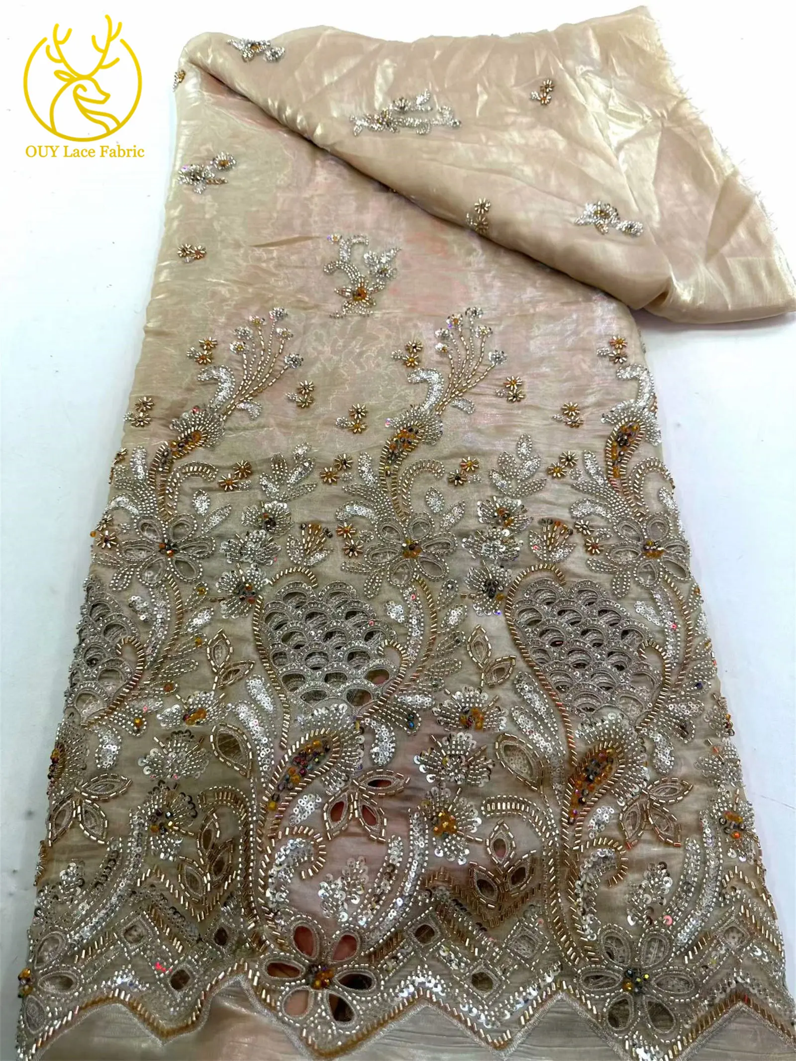 Neueste Afrikanische Schwer Verzierte Spitzenstoffe 5 Yards Nigerianische Schweizer Perlen-Pailletten-Spitze für Bräutigam-Kleider und Damenkleider zum Nähen – Detail 14
