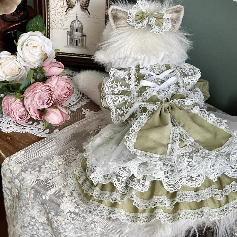 Retro Fashion Matcha Green Pet Dog Clothes Pure Cotton Handmade Lace Bow Princess Dresses For Small Medium Dog Chihuahua Poodle