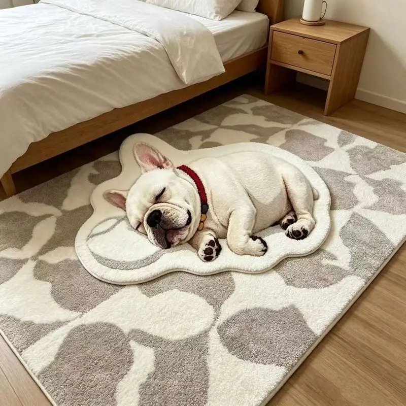 VIKAMA Non Slip Cute French Bulldog Rug Sleeping Cream Puppy Red Collar Mat Cozy Floor Rug Bedroom Nursery Living Room Decor