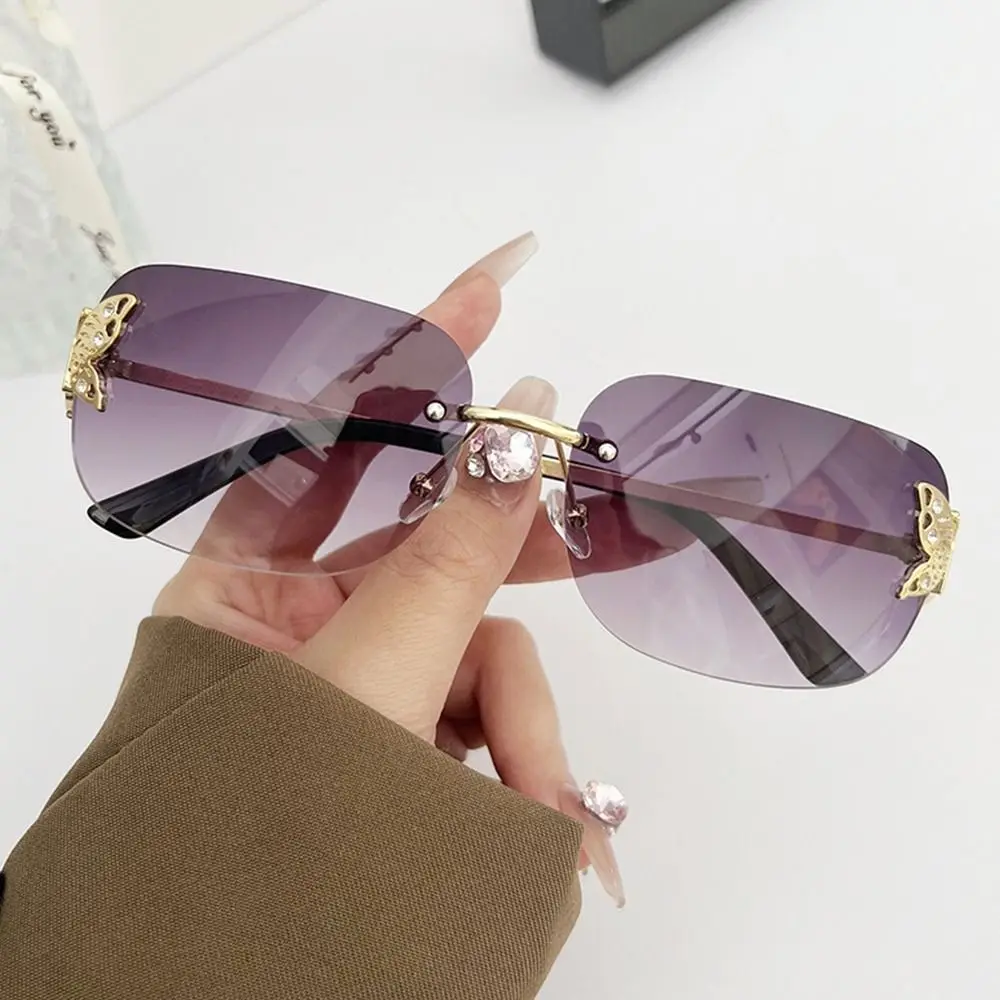 

Rimless Butterfly Sunglasses Women Retro Rhinestone Sunglasses Rectangle Sun Glasses Vintage Shades Travel Beach Eyewear