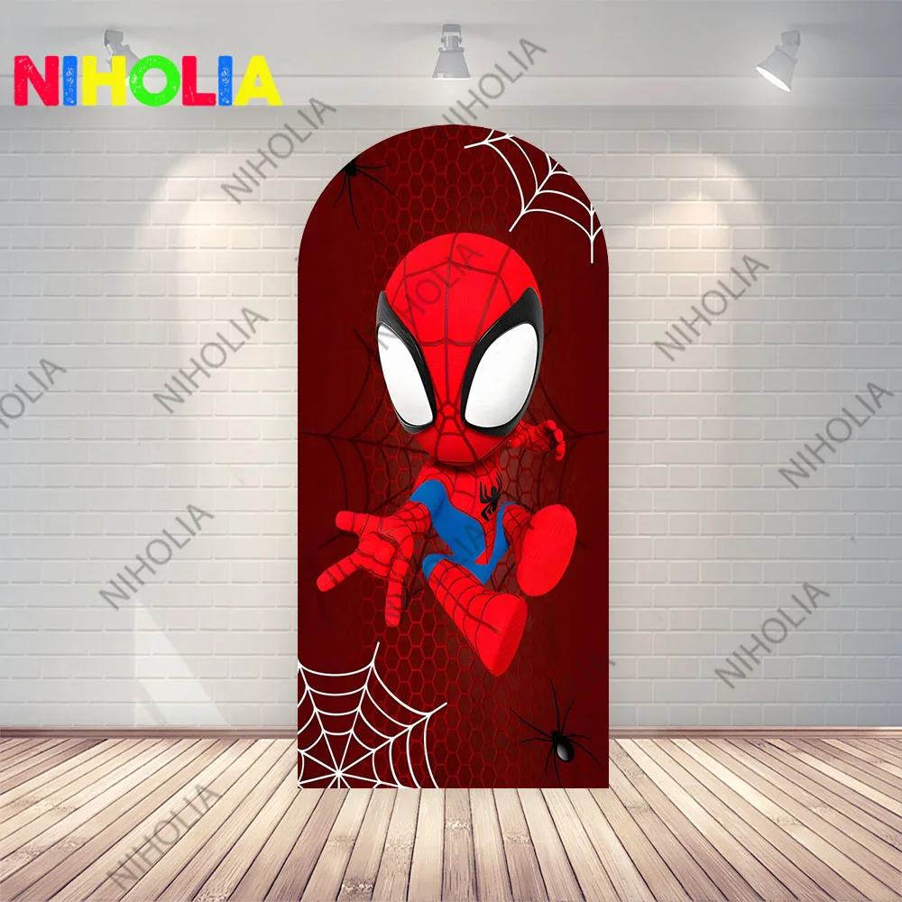 Spiderman dessin animé arc couvre Photo toile de fond bébé douche Photo fond garçons fête d'anniversaire double face tissu Photo stand accessoire