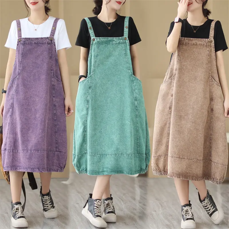 

Large Size Fashion Slim Denim Strap Dress For Women's 2023 New Retro Jeans Overall Summer Dress Sleeveless Korean Clothing Z1277