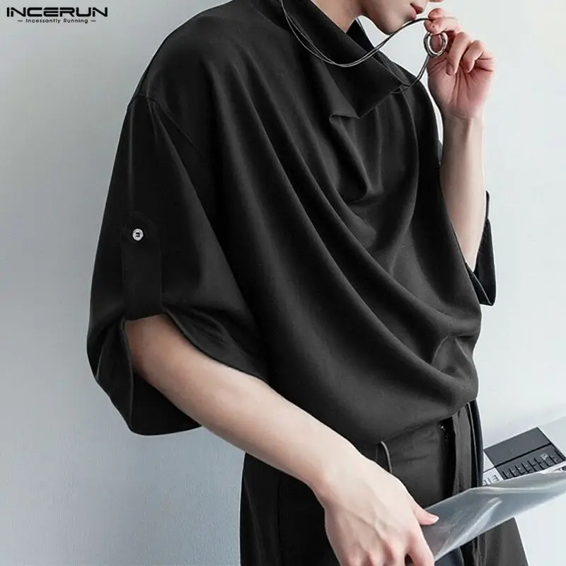 INCERUN Men Shirt Solid Color Half Sleeve Loose Men Clothing Streetwear Korean Style Fashion Casual Tops Male Shirts S-5XL