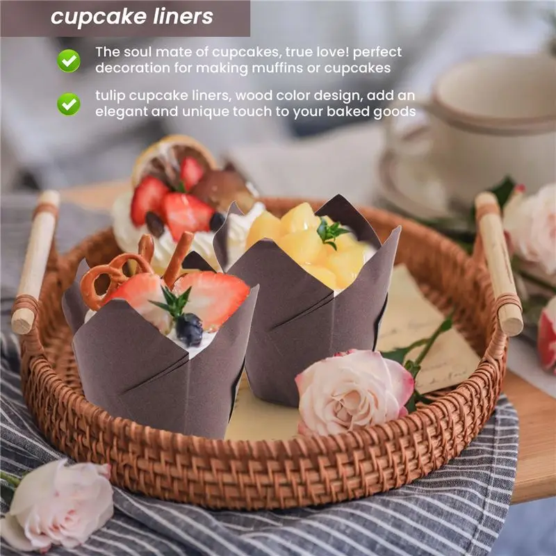 RMWIN-50 Pcs Tulip Cupcake Liners,Tulip Baking Paper Cupcake & Muffin Liners Unbleached Baking Cups Cupcake Brown Easy Install