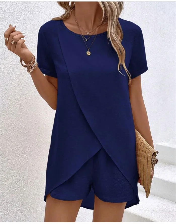 Summer Women Chic Tops Shorts Suit Two-Piece Set Office Ladies Chic 2 Piece Sets Womens Outfits Fashion Casual Long Blouse Suit