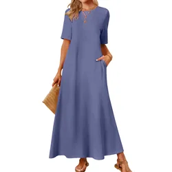 Damska sukienka maxi z krótkim rękawem 2024 Casual Crewneck Swing A Line Long T Shirt Dress plus Size Maxi Dresses for Women