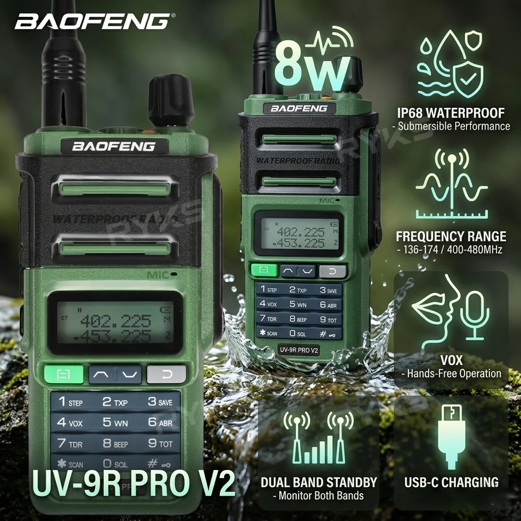 Mountain Rescue & Camping Handheld Transceiver 8W Dual Band Vhf Uhf Walkie Talkie Usb-C Charging