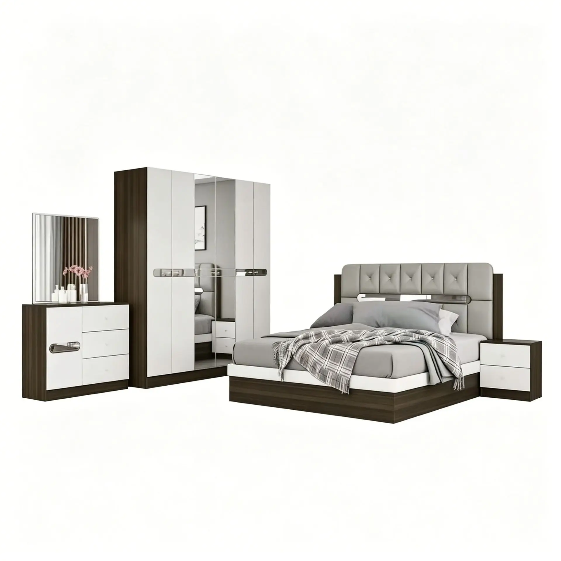 TFX091 modern simple furniture set, soft bag mirror sliding door wardrobe, bedside table, dresser