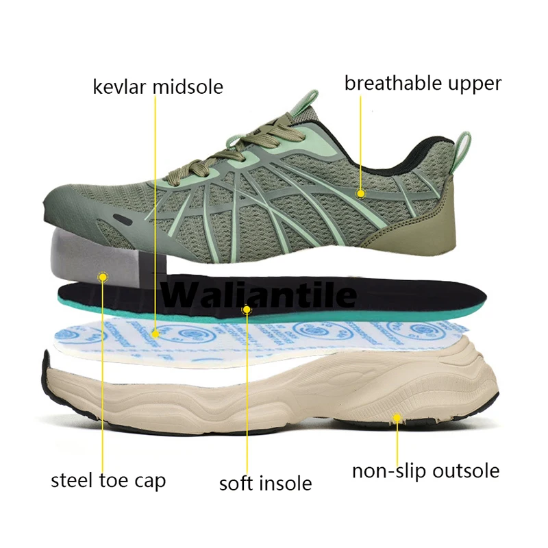 Waliantile Comfortable Safety Shoes For Men Indestructible Construction Boots All Season Breathable Anti-smashing Work Sneakers