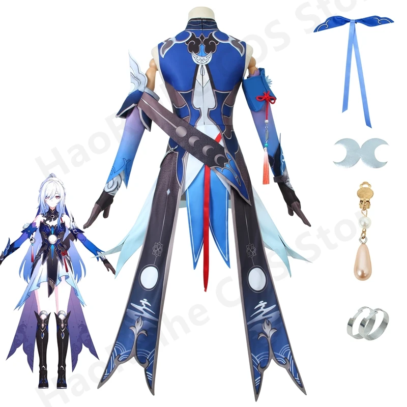 Honkai Star Rail Jingliu disfraz de Cosplay, peluca, pendientes, guantes, anillo Xianzhou Luofu, vestido azul para mujer, traje de juego de rol para fiesta de Halloween