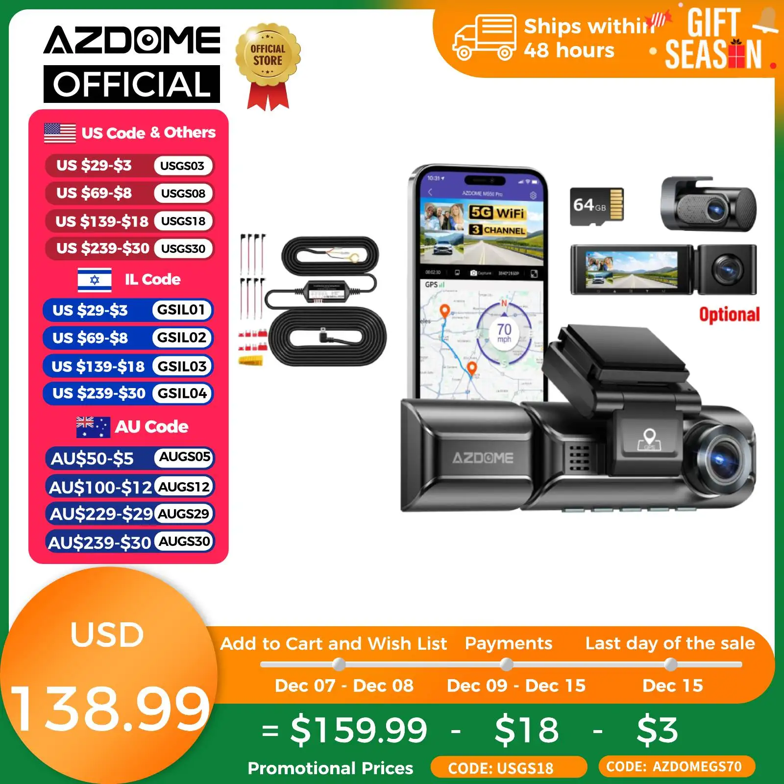 AZDOME Dash Cam M550 Pro Set with Hardwire Kit 4K+1080P 3.19