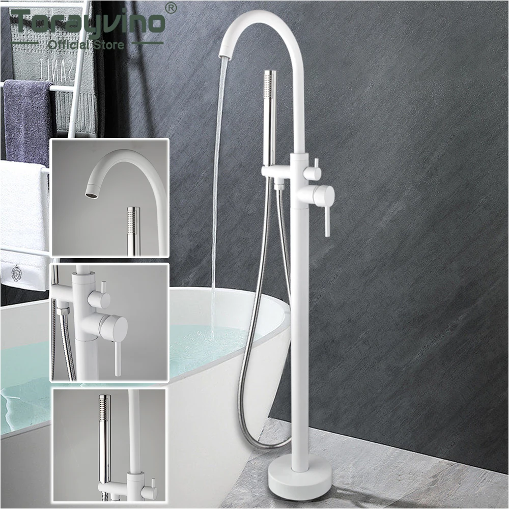 

Torayvino Bathroom Shower Flooring Standing Faucet 2 Handle Freestanding Swivel Spout Bathtub Faucet Hot Cold Mixer Water Tap