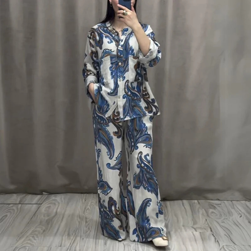 Forest Style Pattern Print Vintage Set Women Spring Adjusted Long Sleeve Shirt & Tie-up Pants Outfit New Summer Button 2pcs Suit