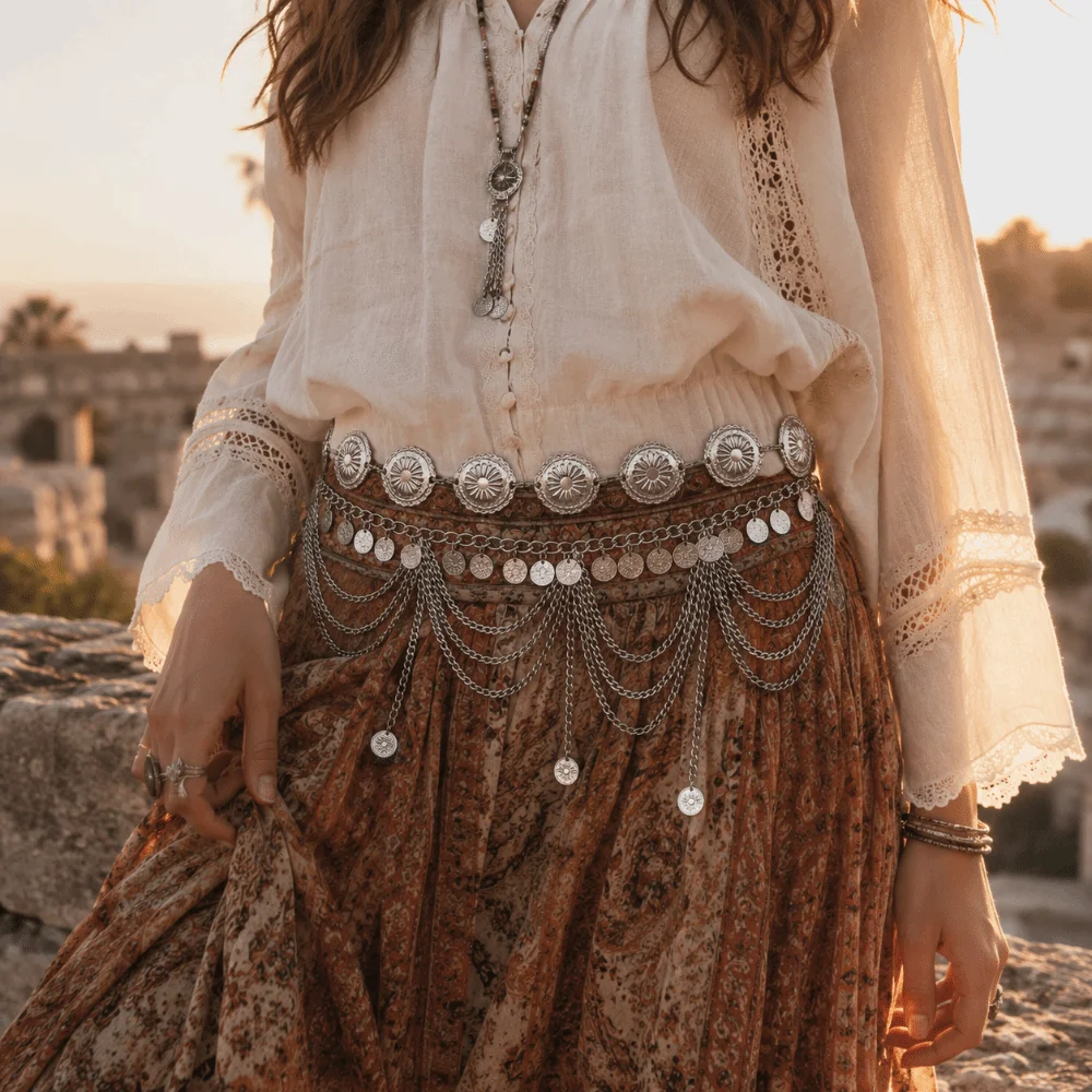 Vintage Hollow Out Multi Layer Waist Chain Tassel Shiny Fringe Belt Delicate Elegant Dance Accessories Vacation