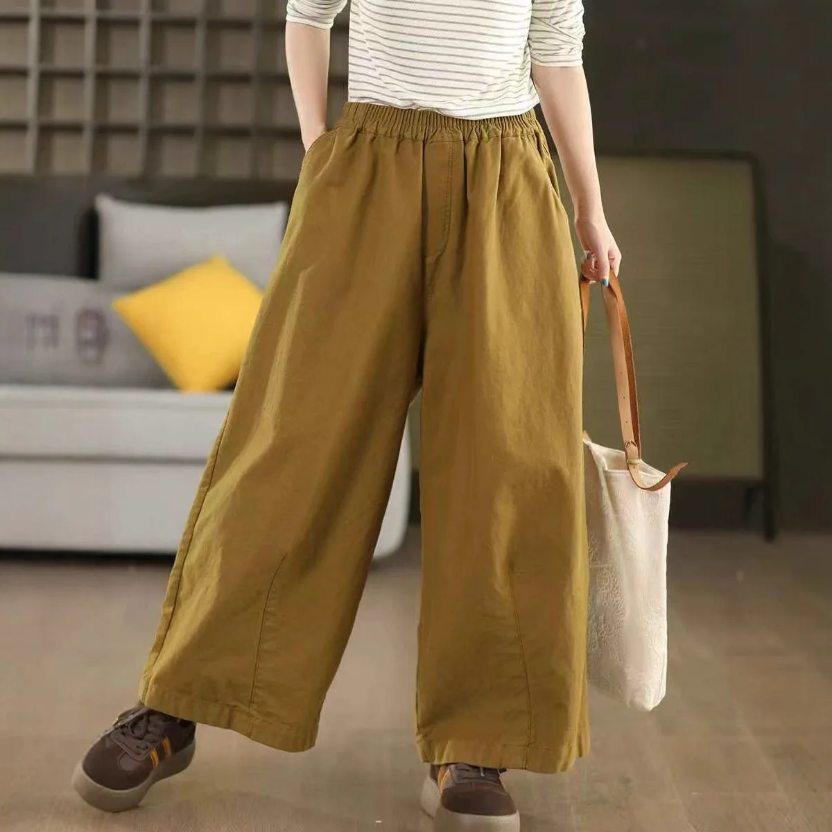 الخريف الرجعية 100% القطن واسعة الساق فضفاضة مستقيم الساق بلون المرأة سراويل تقليدية مرونة الخصر تنوعا مريحة بنطلون