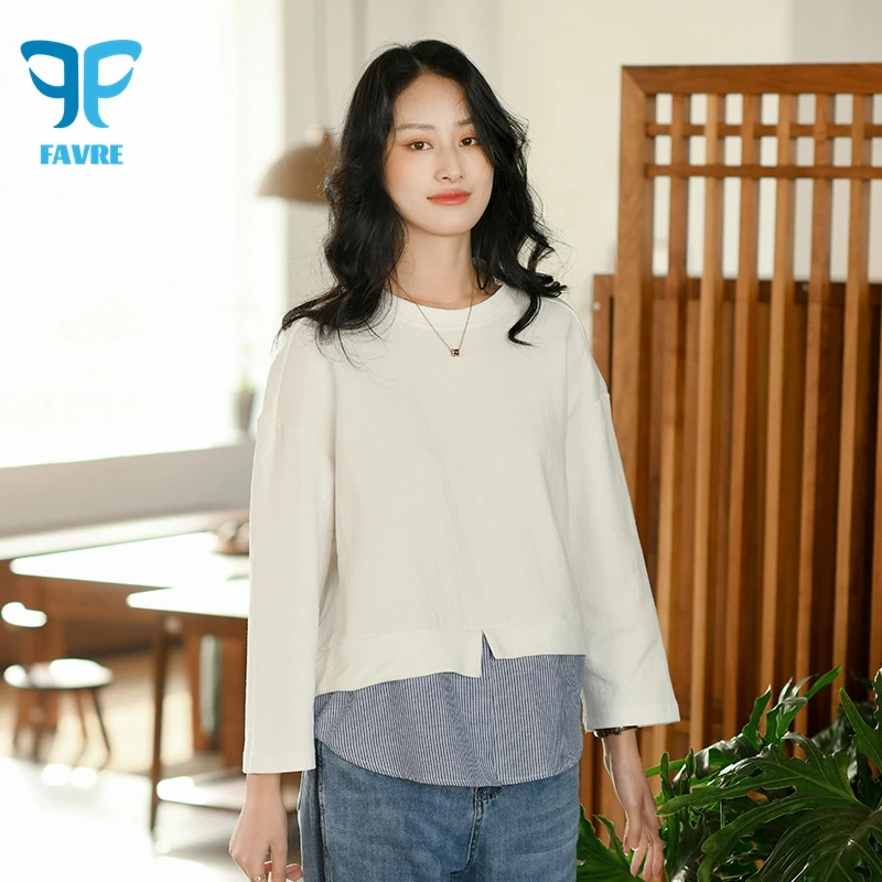 

FAVRE Simple Stitching Sweatshirts Womens Roundneck Fake 2-piece Pullovers Spring Autumn Literary All-match Ins Casual Loose Top