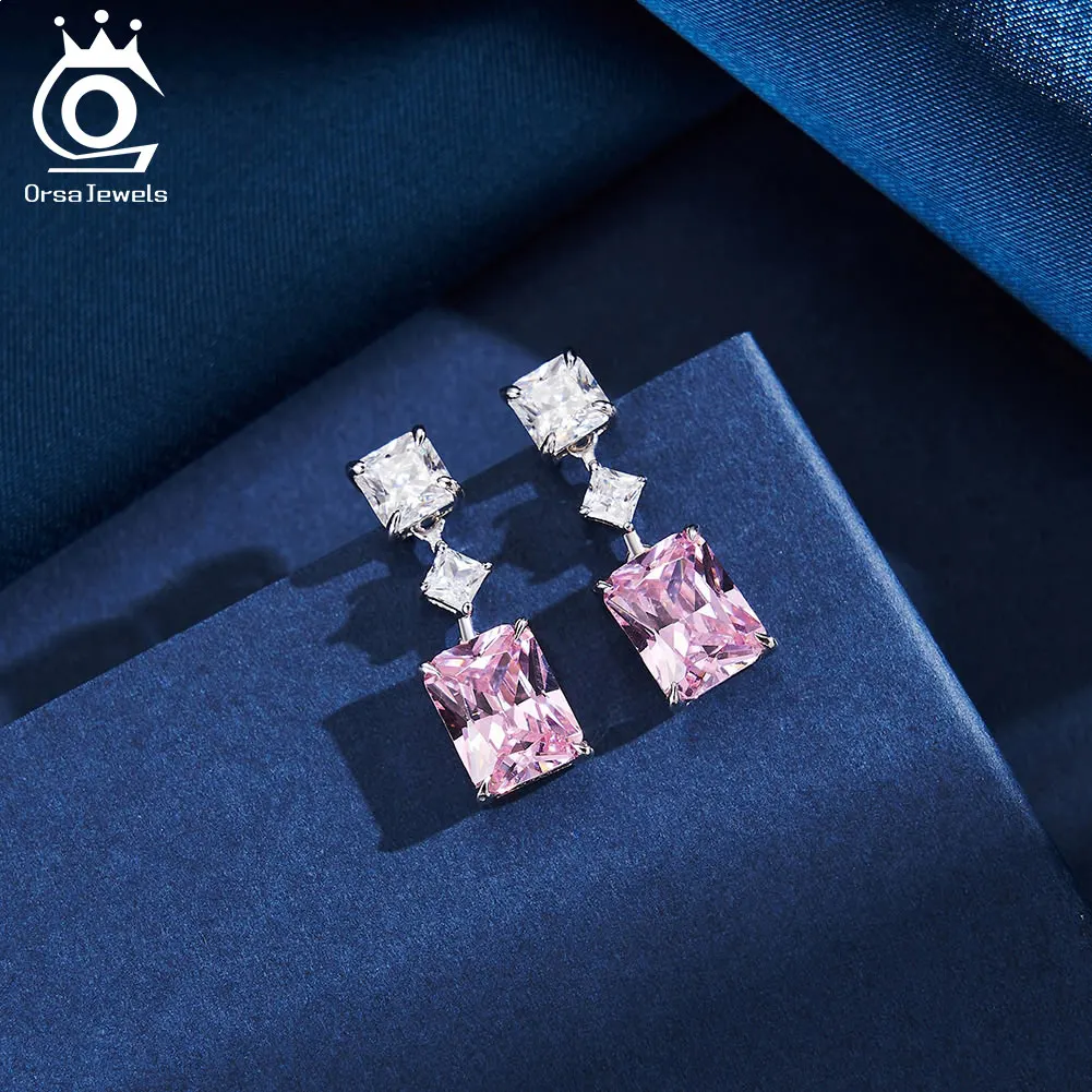 ORSA JEWELS Vintage 5A Clear Pink CZ Dangle Earrings 925 Sterling Silver Ear Drop for Women\'s Rhodium Earrings Jewelry LZE32
