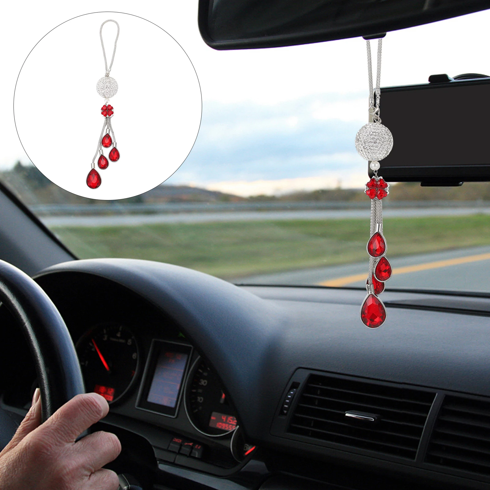 

Rearview Mirror Pendant Car Hanging Decor Rhinestone Zinc Alloy Red Color Excellent Craftsmanship Creative Design Elegant Gift
