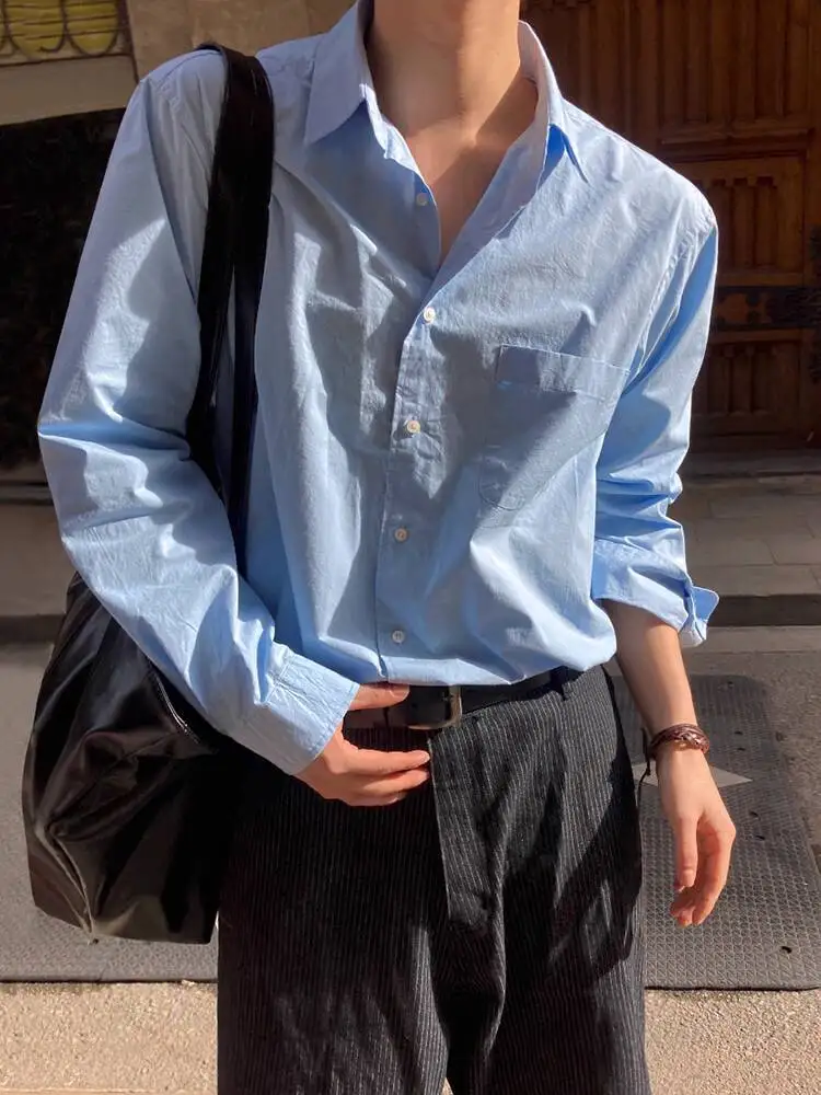 

SYUHGFA Korean Style 2025 Autumn Long Sleeve Shirt Men's Wear Solid Color Casual Simple Turn-down Collar Shirts Loose Fitting