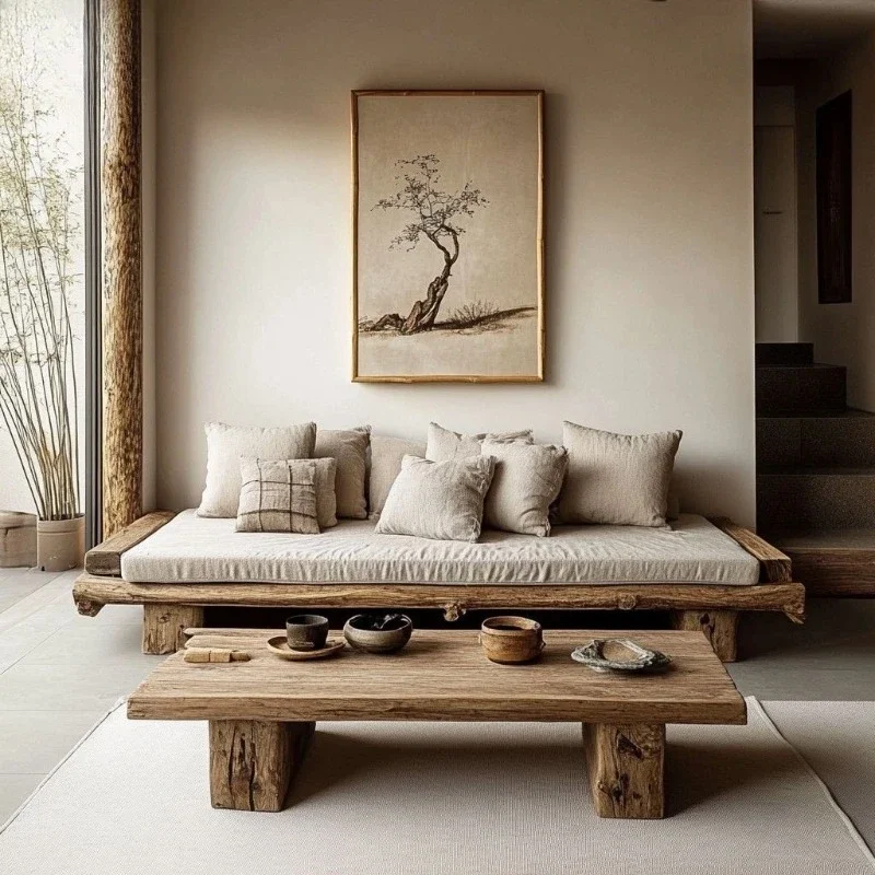 Wabi Sandy Wind Solid Wood Single Sofa Chair B & B Living Room Lazy Leisure Three-person Medium-ancient Old Wood Sofa Chair