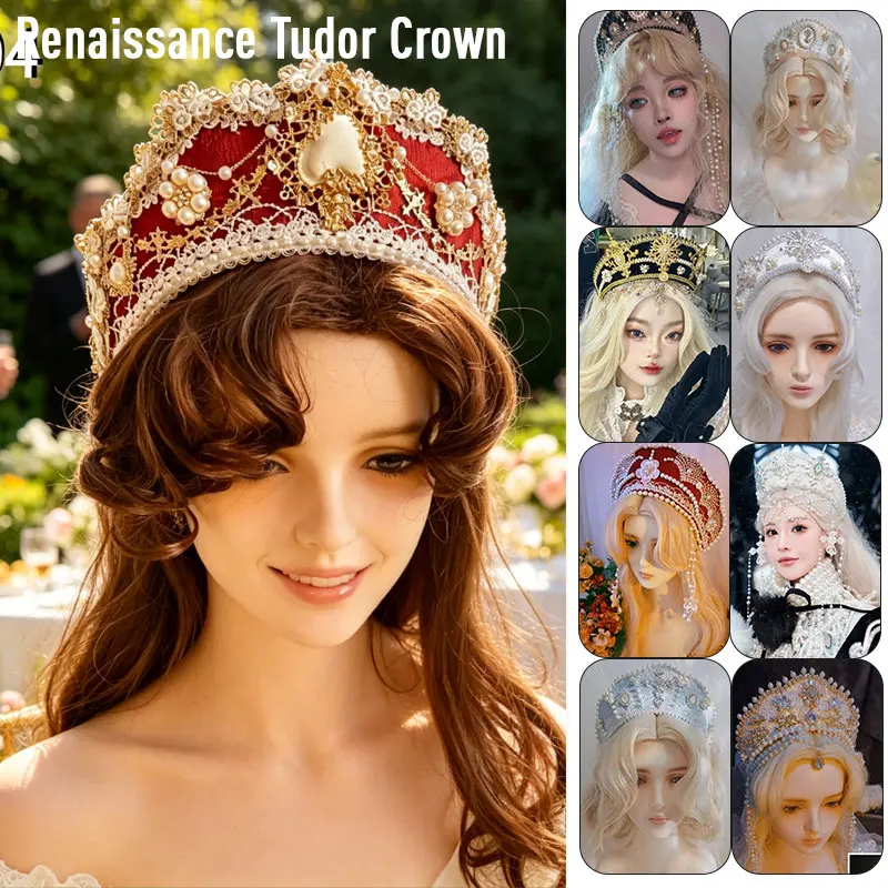 Medieval Royal Tudor Crown Lolita Gothic KC Headdress Headband Renaissance Gorgeous Bead Chain Hair Jewelry Cosplay Hat
