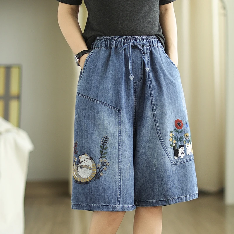 Summer Women Elasticated Waist Lace-up Kitten Embroidered Jeans Spring Summer New Loose Knee Length Denim Wide Leg Pants U222