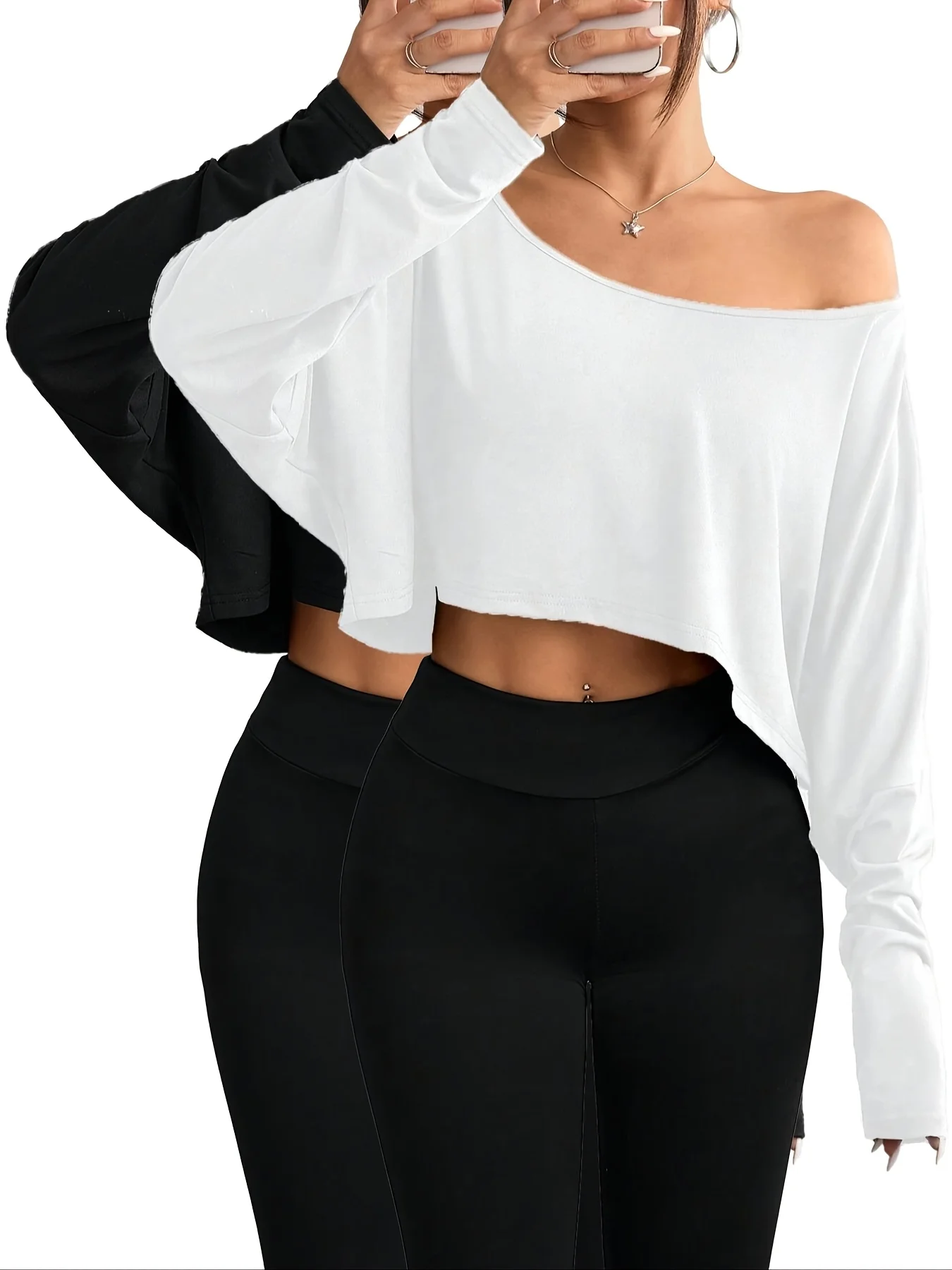 Plus Size 1XL-5XL Women's Fashion Off Shoulder Asymmetric Collar Long Sleeve Casual T-shirt Two Piece Set