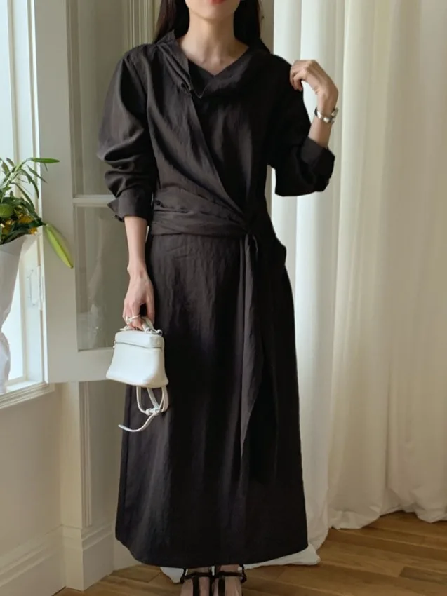 우아한 긴팔 솔리드 컬러 벨티드 허리 슬리밍 미디 드레스 봄 시크 V넥 타이 허리 여성 패션 드레스