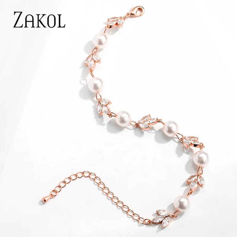 ZAKOL Korea Round Pearls Bracelets for Women Trendy Leaf Zirconia Wedding Engagement Party Jewelry