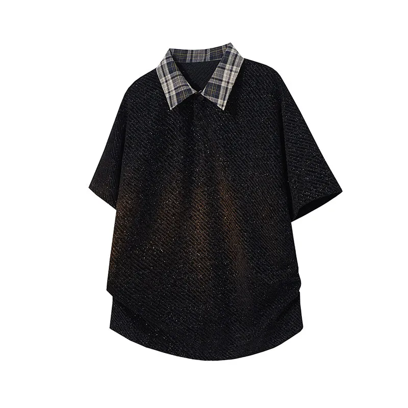 Men's Textured Knit Polo Shirt with Color Blocked Checkered Collar Relaxed  Retro  Casual Streetwear  and Commuter Style