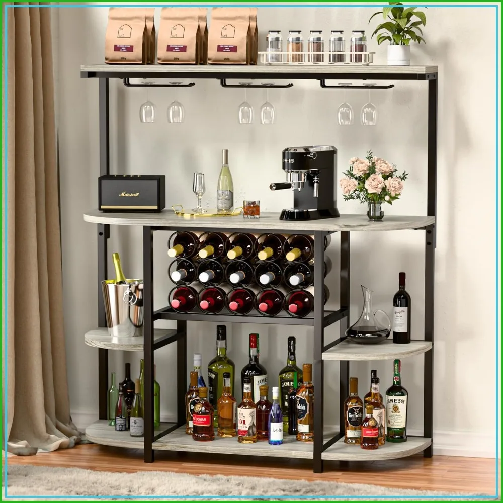 Mini Wine Bar Cabinet with Rack & Glass Holder, 4-Tier Storage, Home Liquor Table, Sturdy Steel Frame