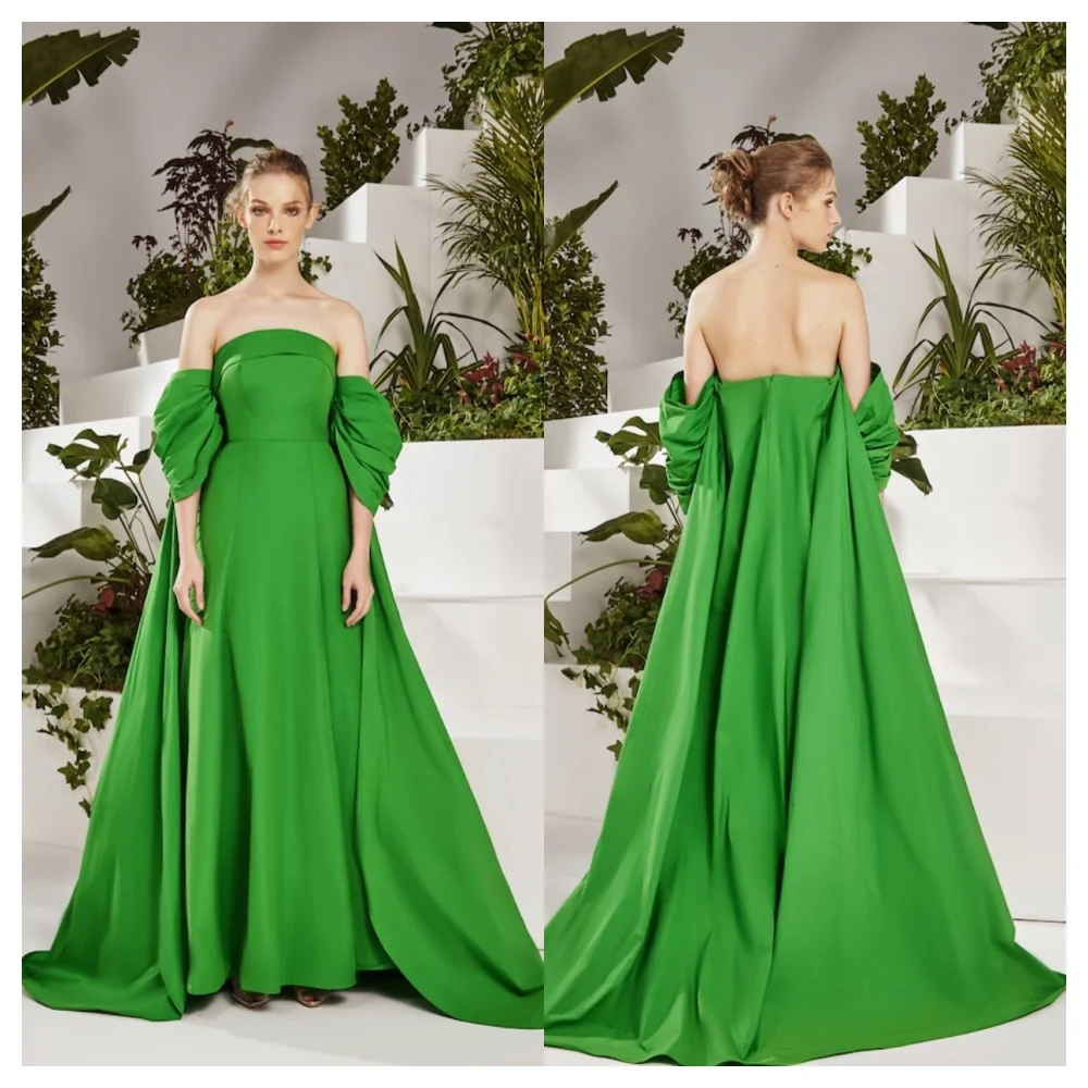 

Customized Delicate Green Jersey Evening Dress Classic Strapless Off the Shoulder Sleeveless Party Dress Fashion Celebrity Gowns