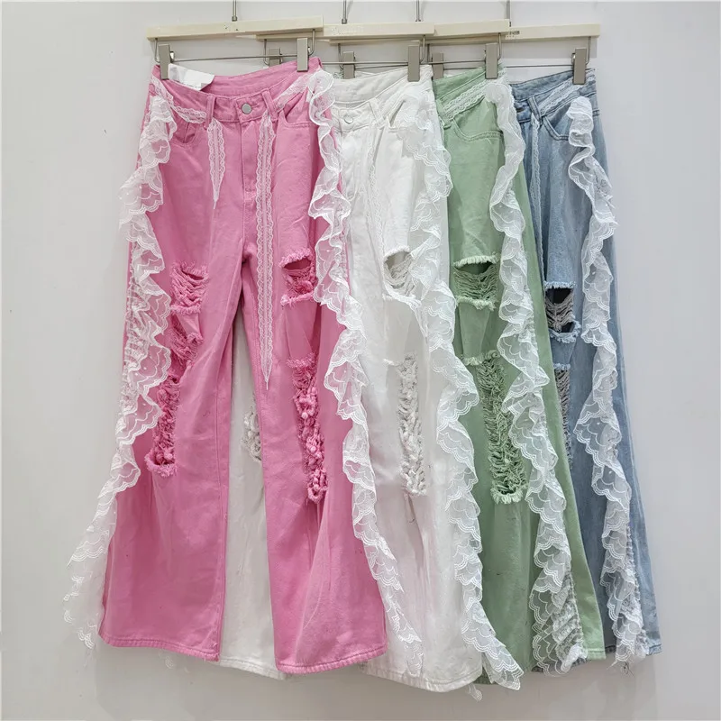

Шикарные летние женские белые кружевные швы с оборками и рваными дырками, джинсовые брюки, широкие прямые джинсы, длинные ковбойские брюки с вырезами