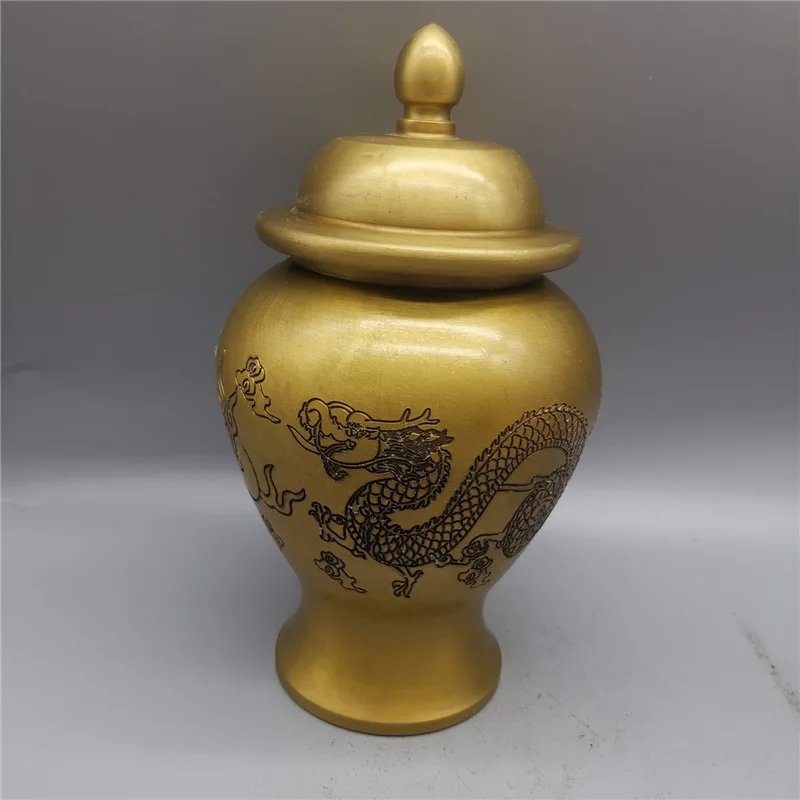 Golden Tone Copper Dragon Pattern Covered Canister Retro Metal Storage Vase Tea Room Lucky Fortune Tabletop Ornament Craft
