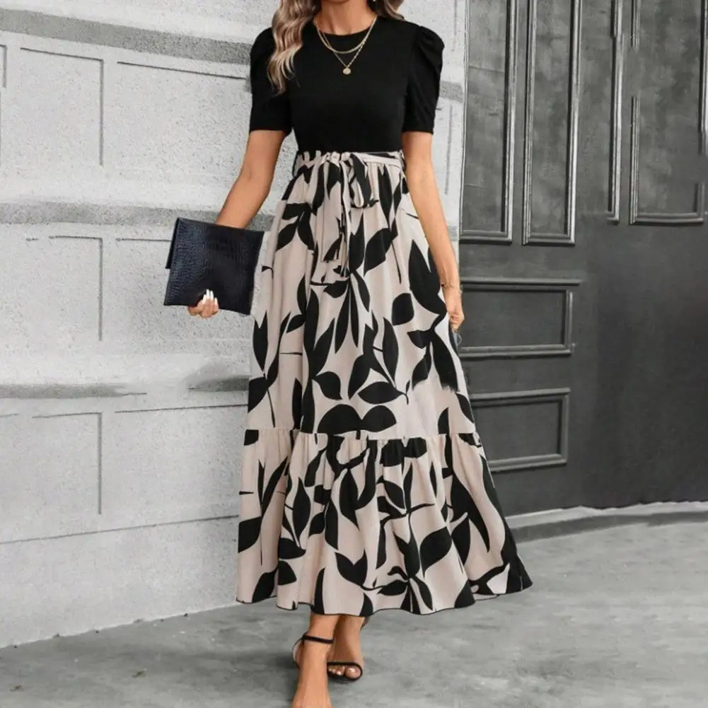 

Thin Fabric Dress Elegant Summer Maxi Dress with Lace-up Waist Ruffle Detail Women's A-line Colorful Print Dress for Parties