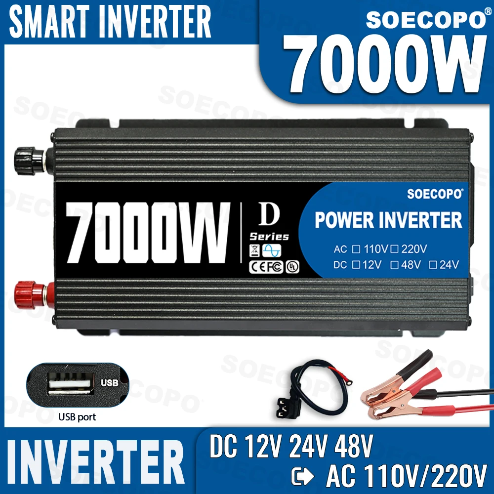 7000W Smart Inverter DC 12V/24V/48V to AC 110V/220V Converter Charger Converter Adapter with USB Port & CE/FC Certification