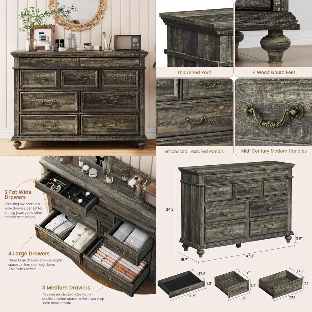 

Rustic 9-Drawer Farmhouse Dresser with Vintage Metal Handles for Bedroom Storage
