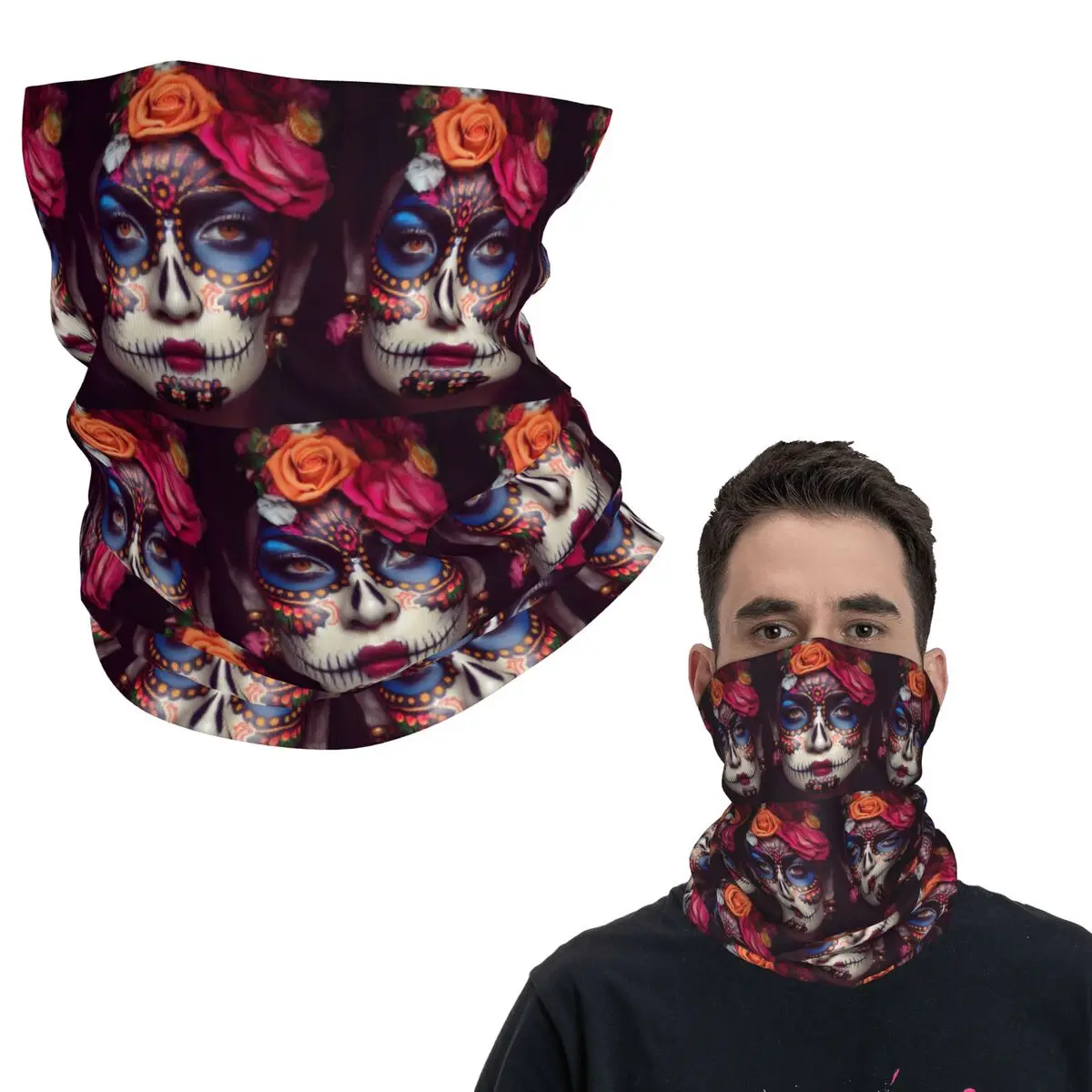 

Mexican Catrina Girl Day Of The Dead Sugar Skull Bandana Neck Gaiter Printed Face Scarf Multifunction Headwear Outdoor Sports